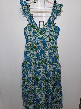 Sugarlips Women’s Blue & Green Floral Ruffle Maxi Dress